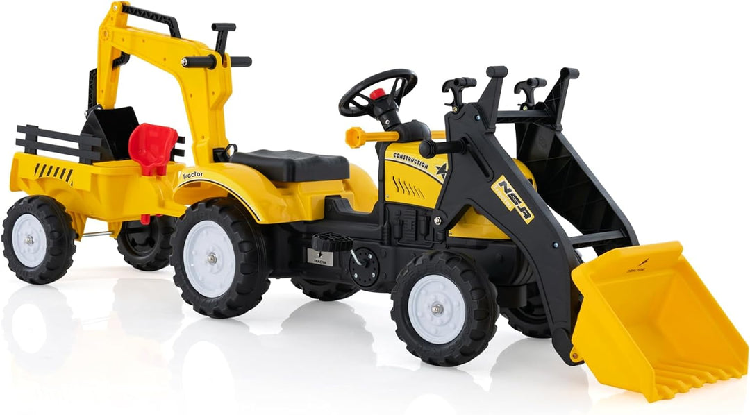COSTWAY Trettraktor, Kinder Traktor mit Abnehmbarer Anhänger & Grabschaufel, Baggerlader bis 35 kg b