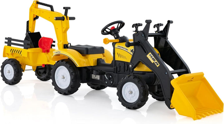 COSTWAY Trettraktor, Kinder Traktor mit Abnehmbarer Anhänger & Grabschaufel, Baggerlader bis 35 kg b