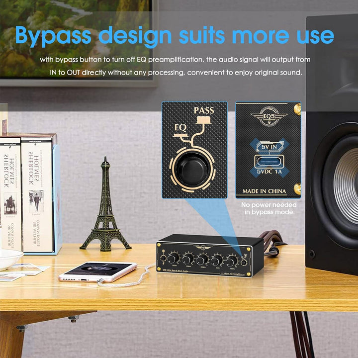 Douk Audio EQ5 Mini Vorverstärker 5-Band EQ Preamp Stereo Analog Equalizer Portable Audio Processor
