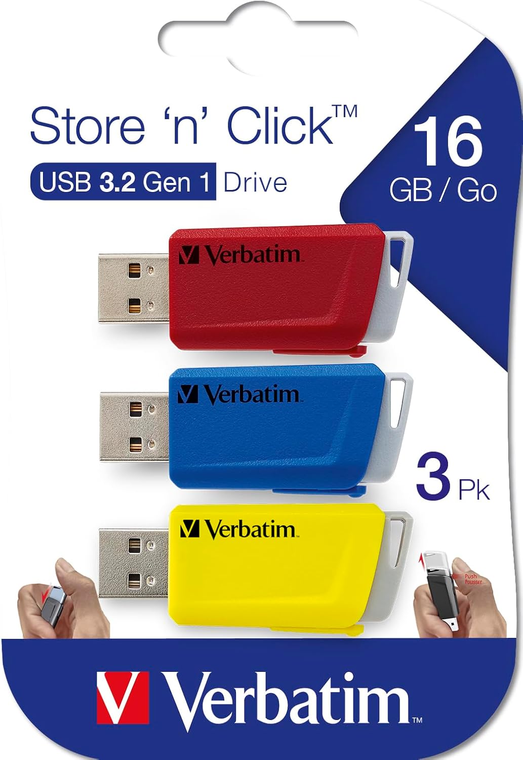 Verbatim Store 'n' Click USB-Stick 3x, USB 3.2 Gen 1, 16GB, Speicherstick mit Verriegelungsmechanism