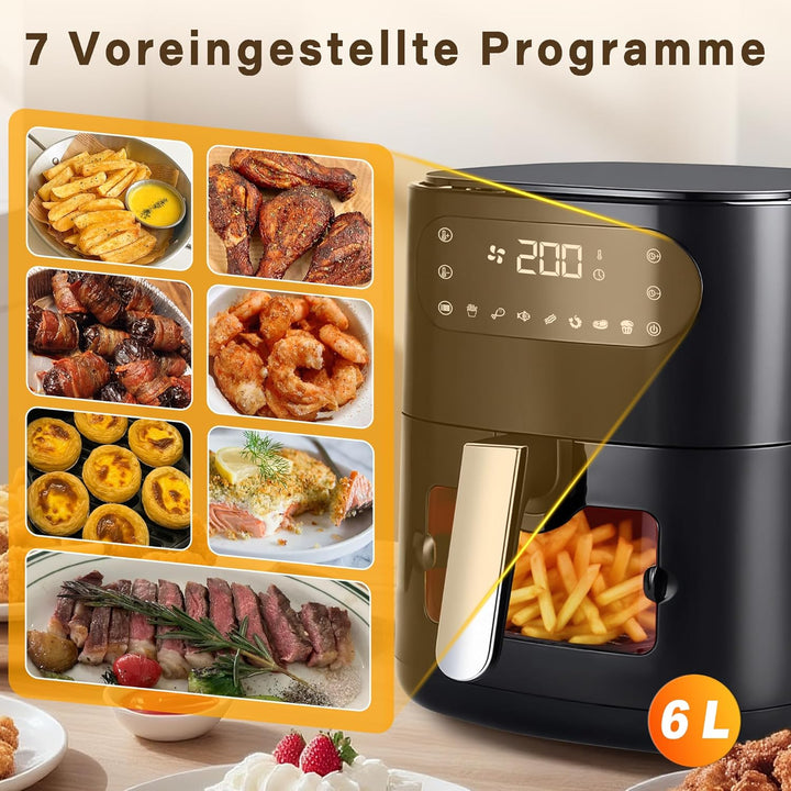 Citybee 6L Heissluftfritteuse mit beleuchtetem Sichtfenster - Extra Leiser Airfryer, 7 Programme & T