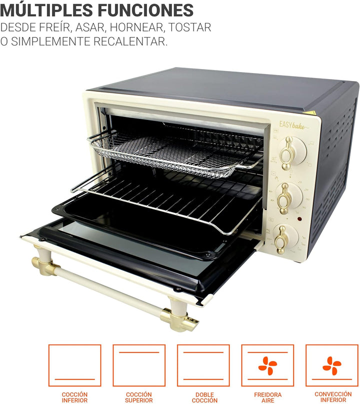 TM Electron EASYBAKE TMPHO020REB Mini Backofen Retro Design mit Fritteuse Funktion ohne Öl, 20 Liter