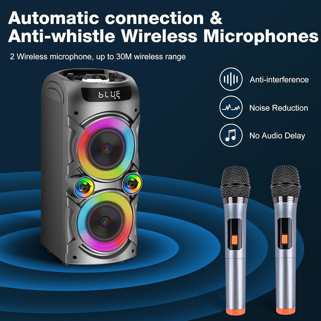 Karaoke-Maschine mit 2 kabellosen Mikrofonen, tragbares PA-System Grosser Bluetooth-Lautsprecher mit