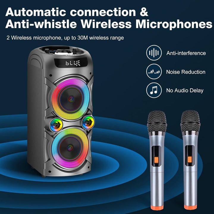 Karaoke-Maschine mit 2 kabellosen Mikrofonen, tragbares PA-System Grosser Bluetooth-Lautsprecher mit