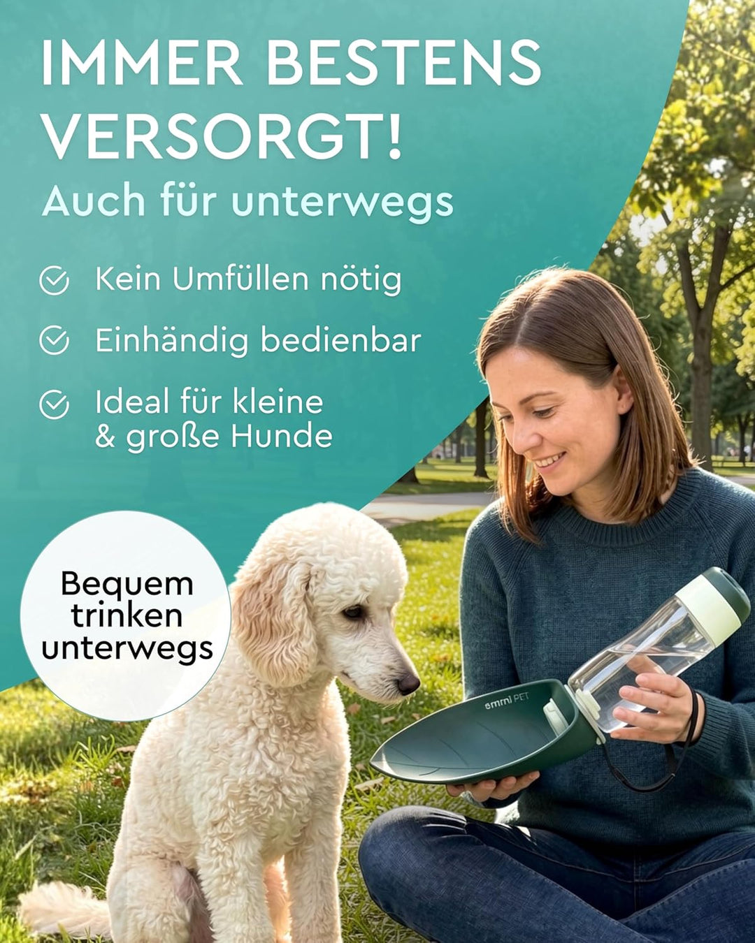 emmi-PET Hundetrinkflasche in Dunkelgrün I 580 ml I Auslaufsichere Trinkflasche mit integriertem Nap
