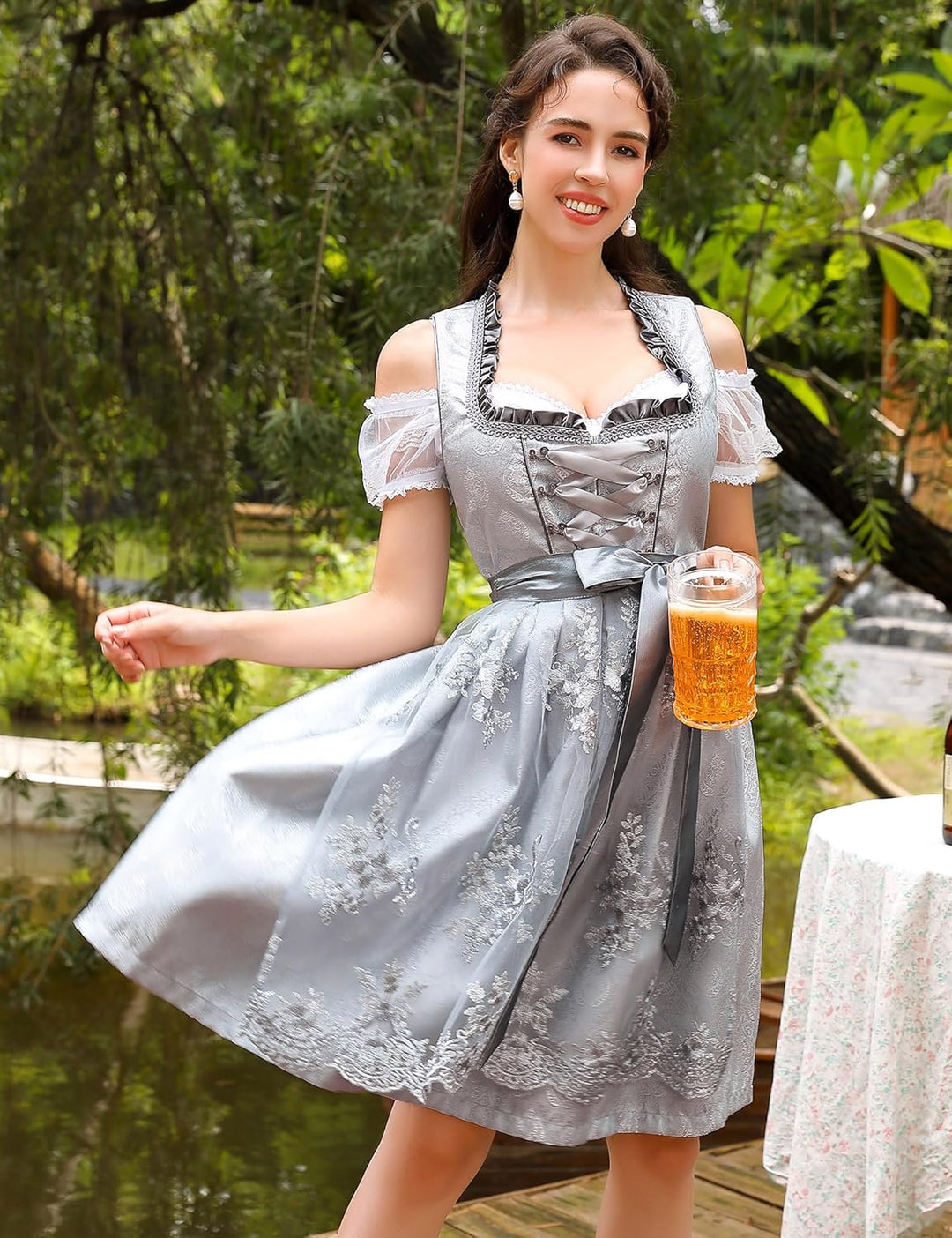 Clearlove Dirndl Damen Midi Trachtenkleid 3tlg mit Schürze und Bluse Trachtenmode Kleid für Oktoberf