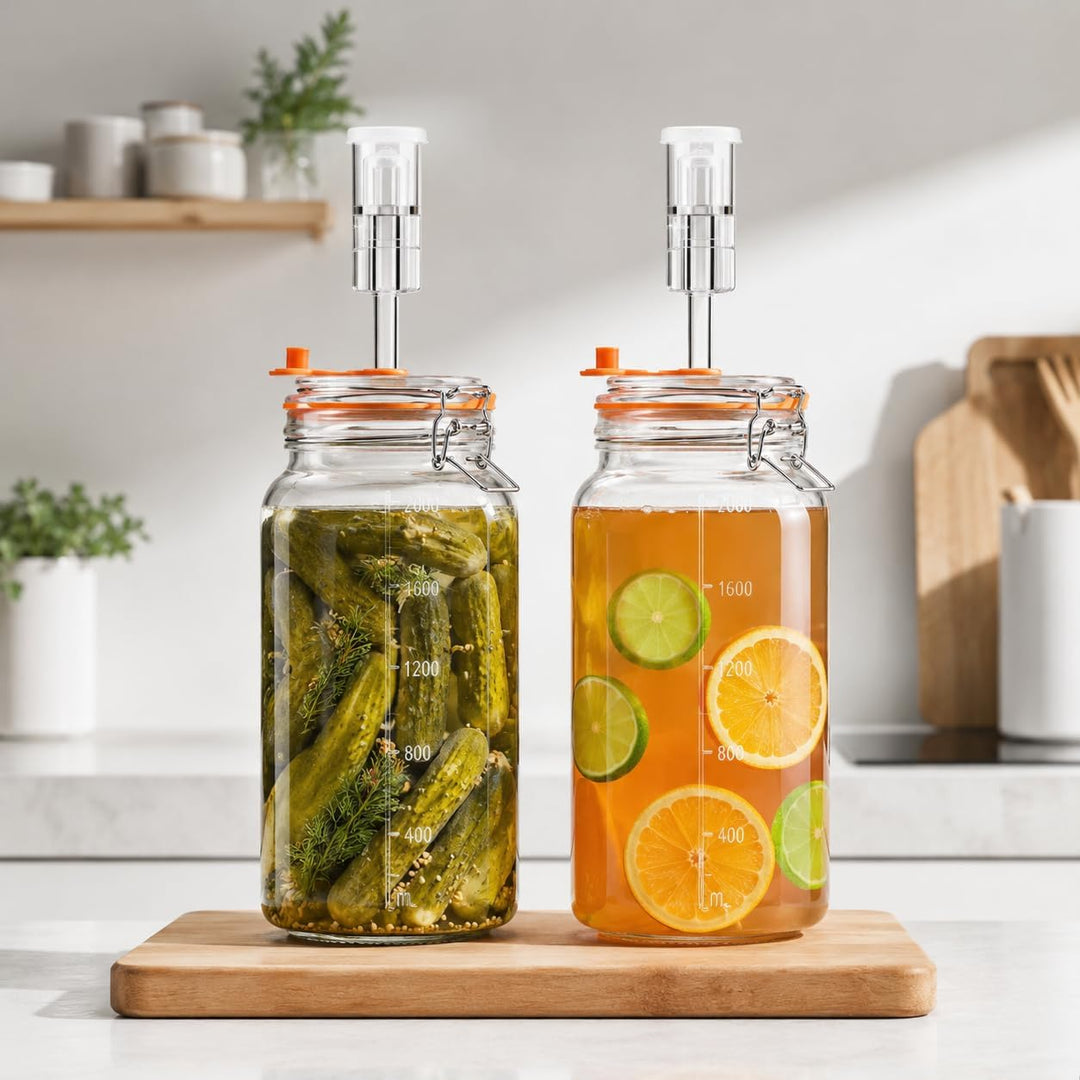 Fermentierglas 2 L – Quadratisches Glas-Fermentierset mit Gewicht für Sauerkraut, Hot Sauce, Met, Ci