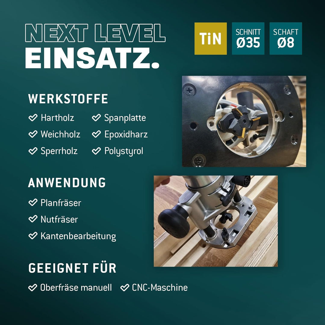 Bayerwald NeoTwister Planfräser für Oberfräse f. Holz - SchnittØ 35 mm/SchaftØ 8 mm - Planfräsen/Nut