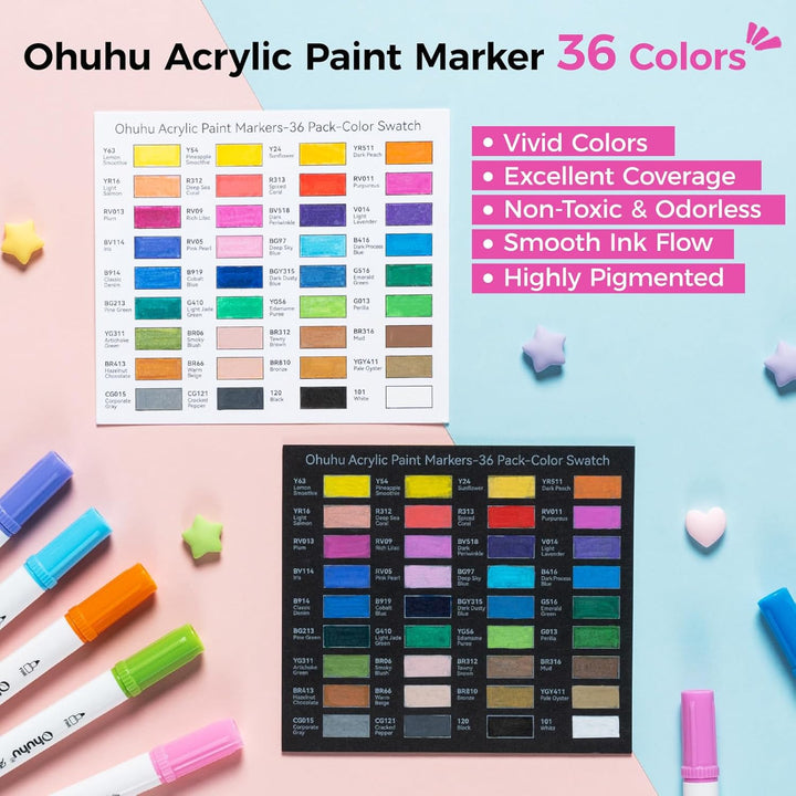 Ohuhu Acrylstifte, 36 Farben Acrylic Marker mit feiner und Pinselspitze(Doppelspitze) - Wasserfest,