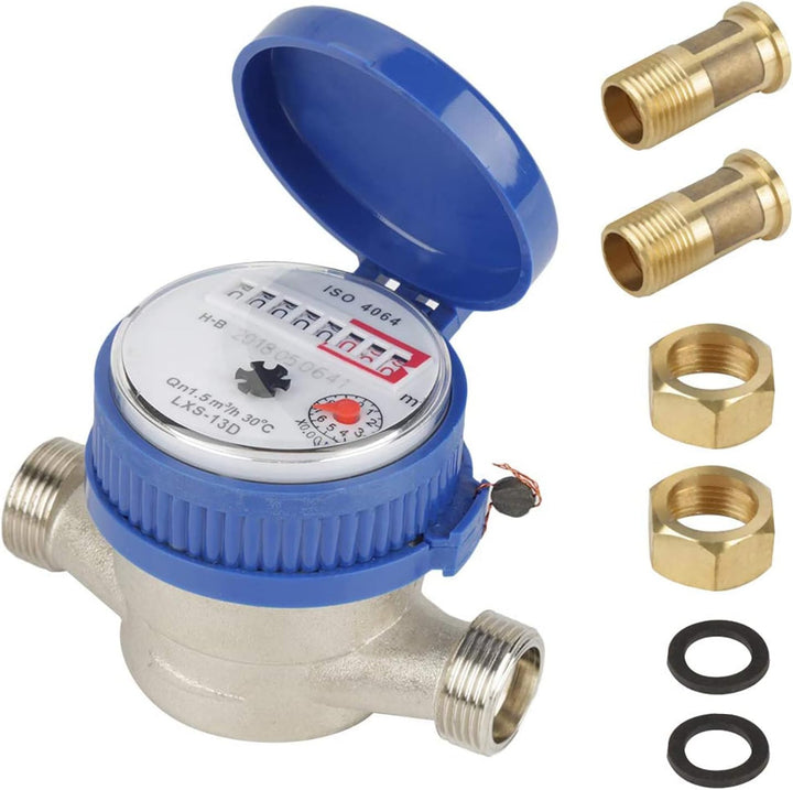 Honeyhouse Kalt Wasserzähler mit Armaturen und Schutzhülle, 1.5 m3/h Wasseruhr Geeicht 15 mm Wasserd