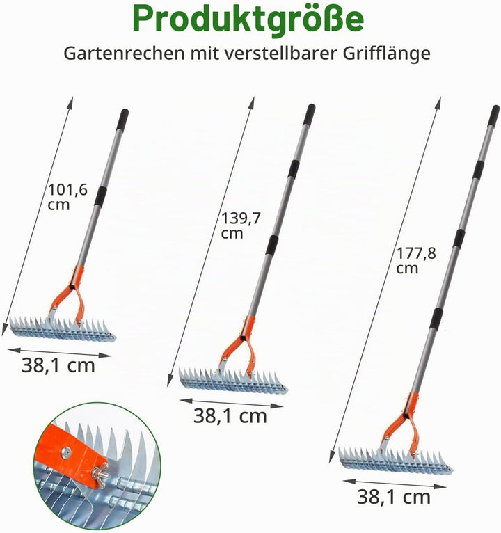 Vertikutierrechen für Rasenflächen, 38cm Breiter Rasenrechen mit Verstellbarem Griff, Metall Schneid