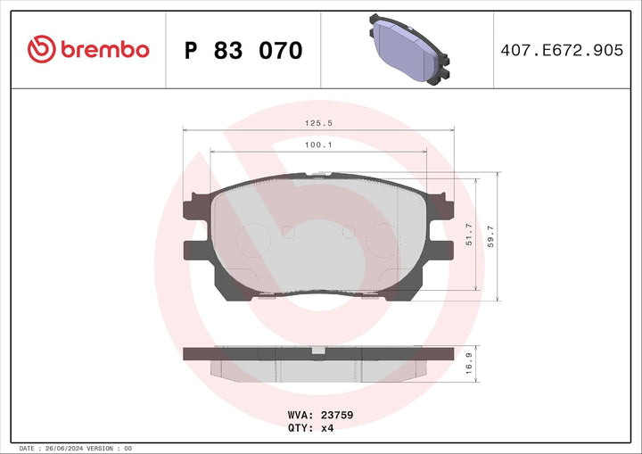 Brembo P 83 070 Bremsbelagsatz, Scheibenbremse - (4-teilig)