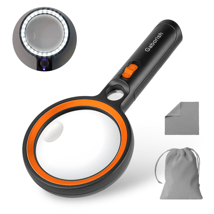 GABORISH Lupe mit Licht, 10X 20X 45X Handlupe mit Licht, Magnifying Glass mit 30 LED und 1 UV, Vergr
