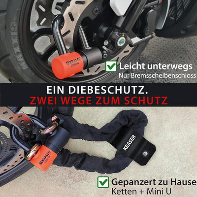 KRASER KR50150 Kettenschloss Schloss Motorrad-Scheibensperre gegen Diebstahl Mini U ø18 + Kette 150
