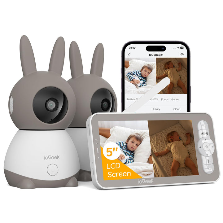 ieGeek Babyphone mit 2 Kameras 2K/3MP, 5 Zoll WLAN Video-Babyfon mit PTZ 355°, IR-Nachtsicht, automa