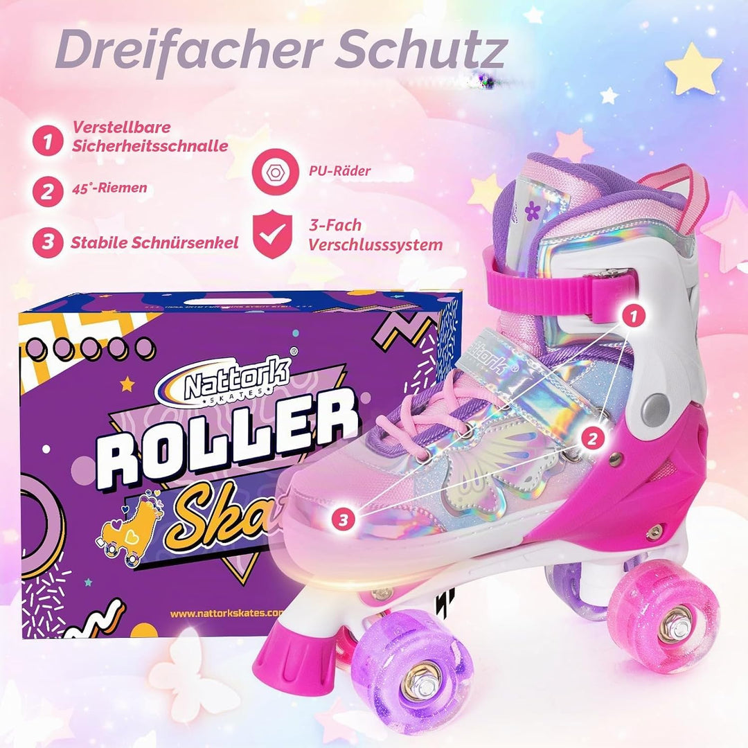 Nattork Kinder Rollschuhe für Mädchen und Jungen, 4 Grössen Verstellbar, Vierrad-Rollschuhe mit Schm