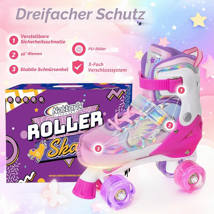Nattork Kinder Rollschuhe für Mädchen und Jungen, 4 Grössen Verstellbar, Vierrad-Rollschuhe mit Schm