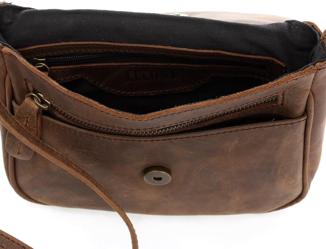 LECONI kleine Umhängetasche Damentasche Schultertasche Festivaltasche Leder 22x18x6cm LE3047 Schlamm