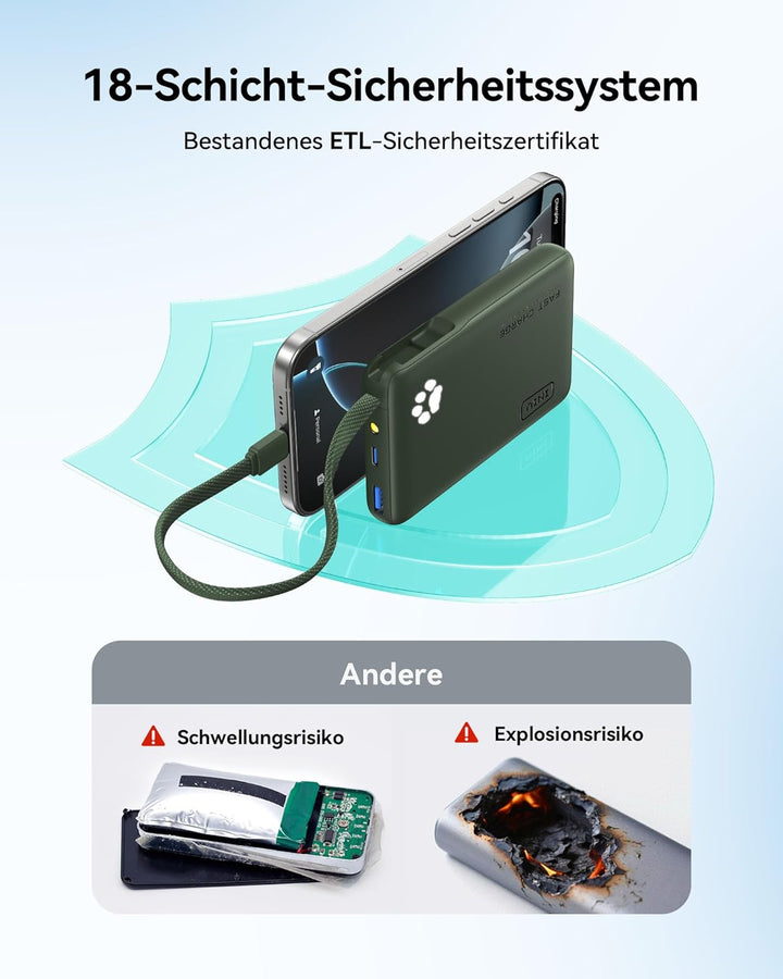 INIU 45W Power Bank, Mini-Grösse 10000mAh PowerBank mit Integriertem USB-C Kabel, Schnellladen Exter