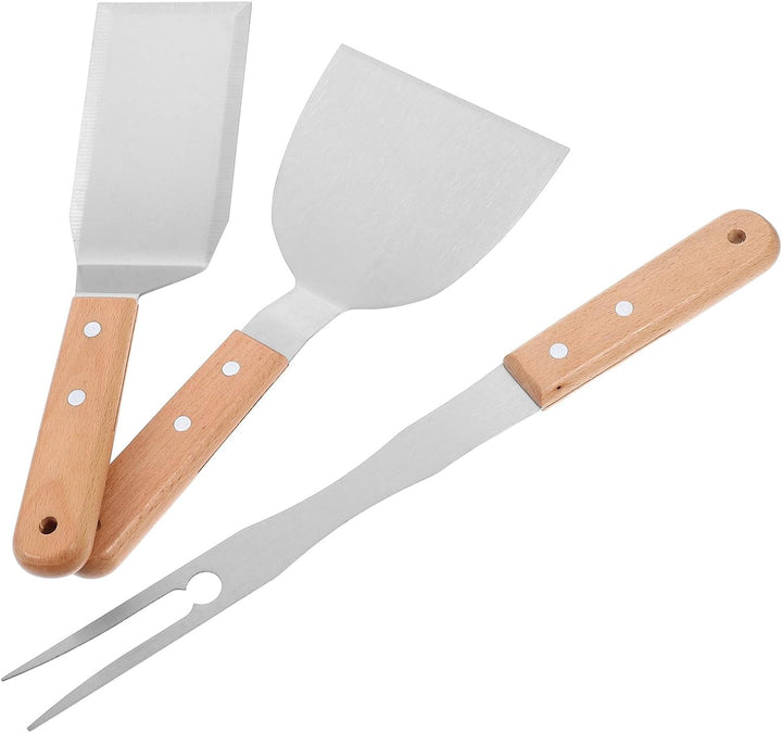 Grillbesteck Leichtem Design 3 Stück aus Edelstahl und Holz mit Multifunktionalem Spatelwender Geeig