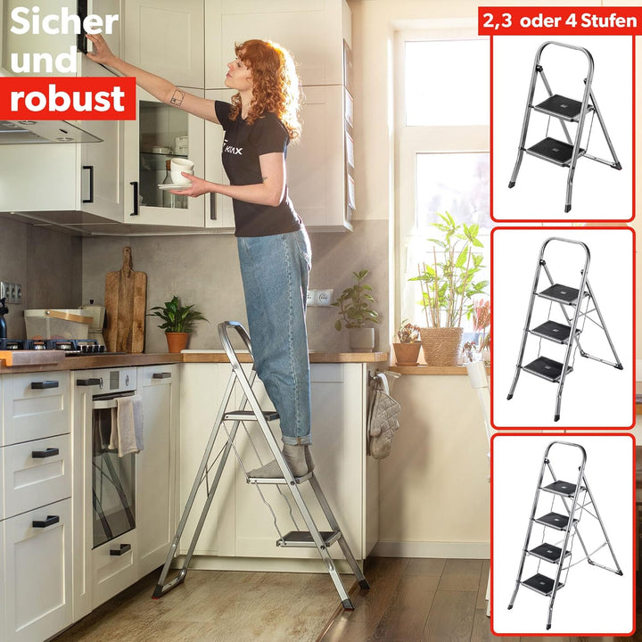 KADAX Klappleiter aus Stahl, Trittleiter mit Traglast bis 150kg, Leiter mit Klappsicherung, Handlauf