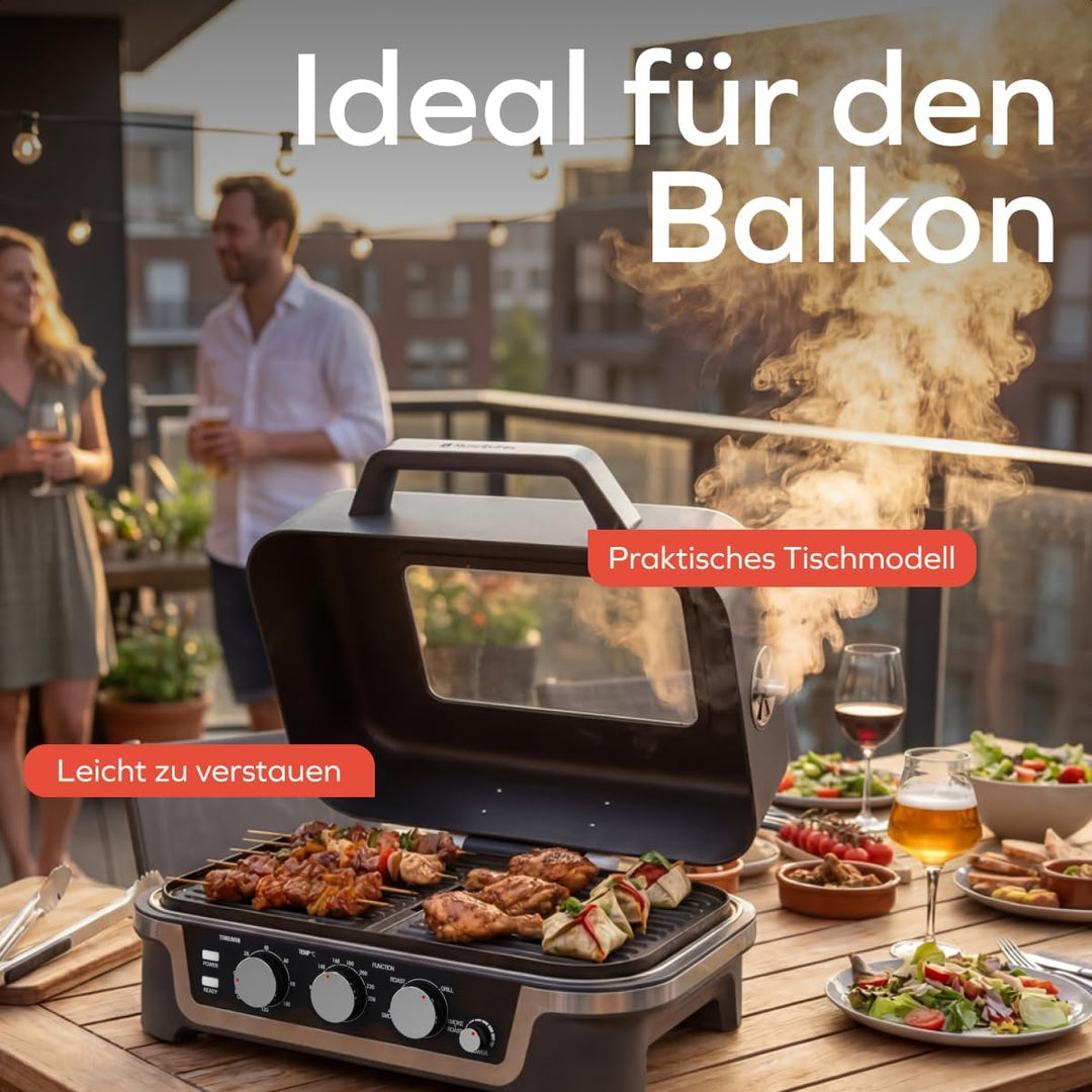 KitchenBrothers 4-in-1 Elektrogrill - BBQ &amp; Smoker - Tischgrill - 2600W | Einstellbar von 90–250 °C,