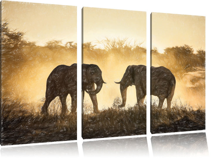 Pixxprint kämpfende Elefanten / 3-Teilig/Gesamtmass 120cm Leinwandbild bespannt auf Holzrahmen/Wandb