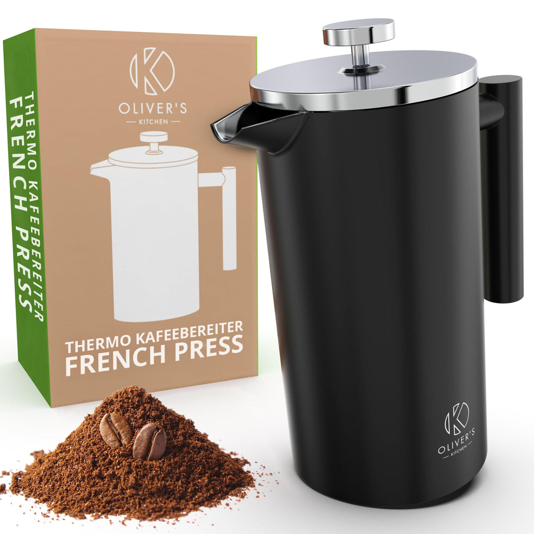 Oliver's Kitchen ® Premium French Press Cafetiere Coffee Maker - Thermal Insulated Double Wall (Blac