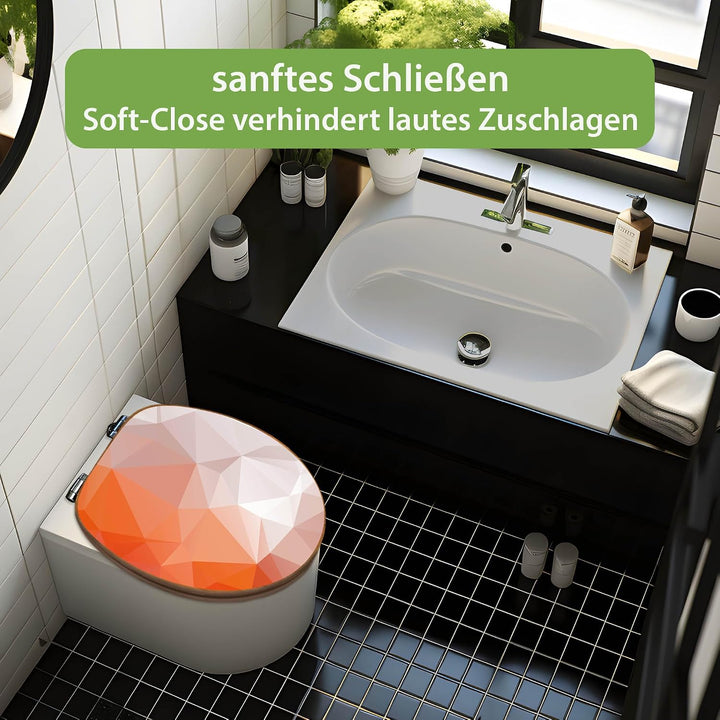 banjado® Design WC Sitz Bambus Absenkautomatik mit Motiv Orange Polygon/Toilettendeckel mit Absenkau