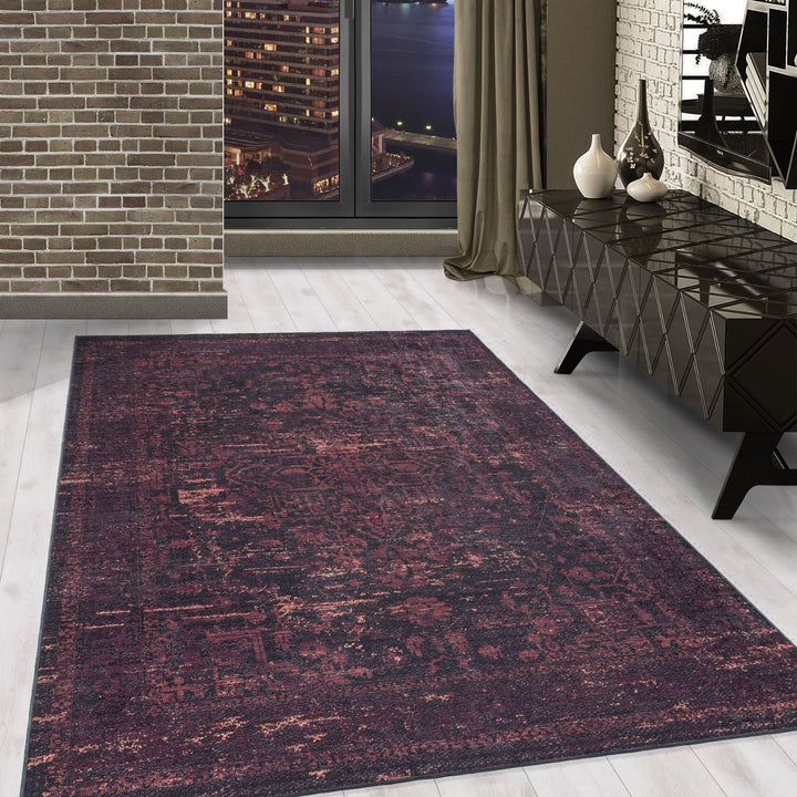 Carpetsale24 Waschbarer Kurzflor Teppich Läufer Schwarz 80x150 cm Vintage Design mit Rutschfester Rü