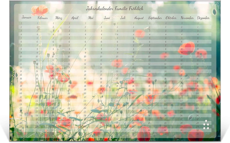 banjado® Wandkalender abwischbar aus Glas 90x60 cm/Jahresplaner abwischbar mit Motiv Mohnblumen/lang