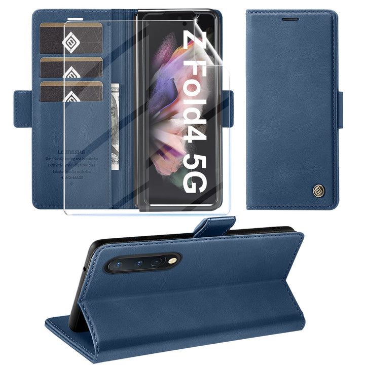 Handyhülle für Samsung Galaxy Z Fold 4 Hülle mit Schutzfolie, Standfunktion Kartenfach Wallet Premiu