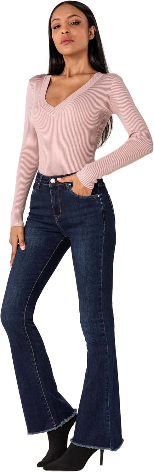 Nina Carter Damen Bootcut Jeans im Retro-Stil Mid Waist Stretchjeans Jeanshosen Used-Look Schlaghose