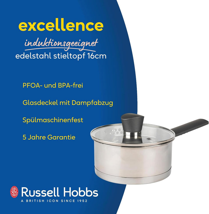 Russell Hobbs Kochtopf Klein 16cm, Edelstahl Topf 1.5L mit Glasdeckel, Induktionsgeeigneter Stieltop