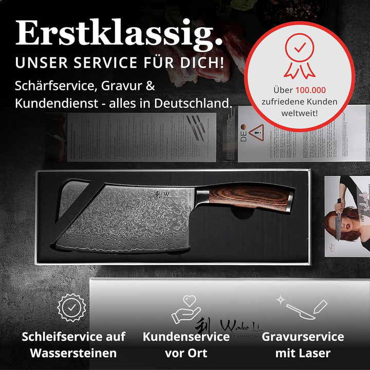 Wakoli EDIB Sakura Knochenhackmesser 18 cm Damast Hackbeil aus 67 Lagen & VG10 Kern, 60–62 HRC Schar