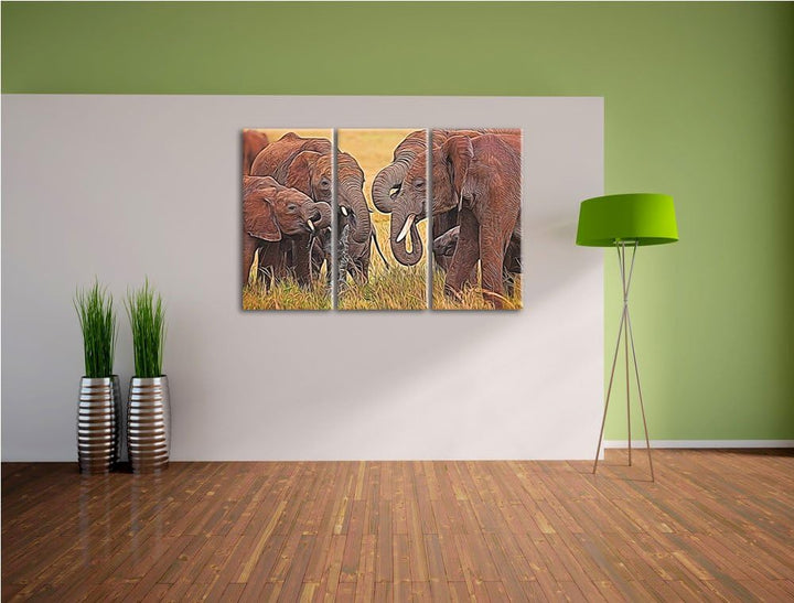 Elefantenhorde am Wasserloch NewArt 3-Teiler Leinwandbild 120x80 Bild auf Leinwand, XXL riesige Bild