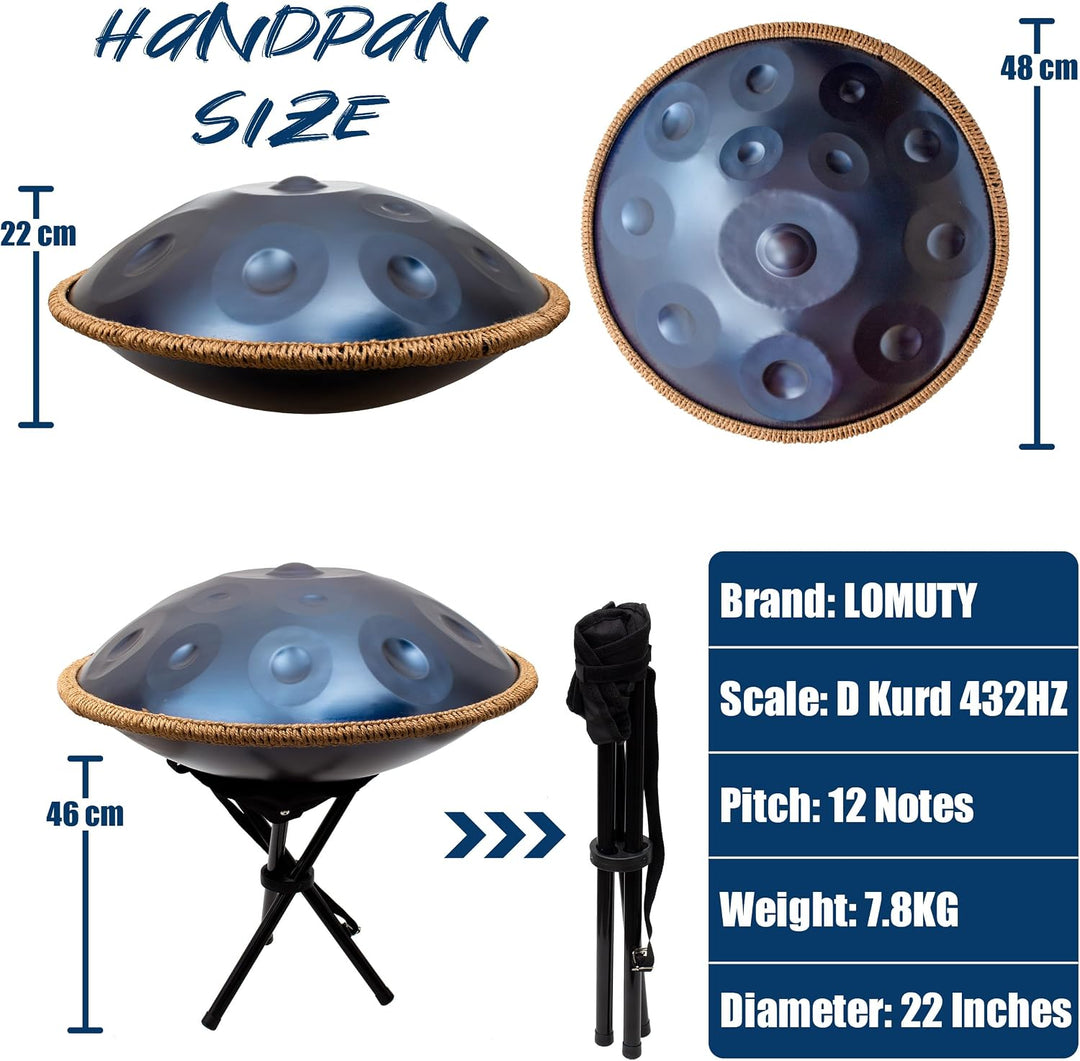 LOMUTY Handpan Drum 12 Töne 22 Zoll Stahltrommel in D-Moll Kurd 432 HZ Steel Tongue Drum mit weicher