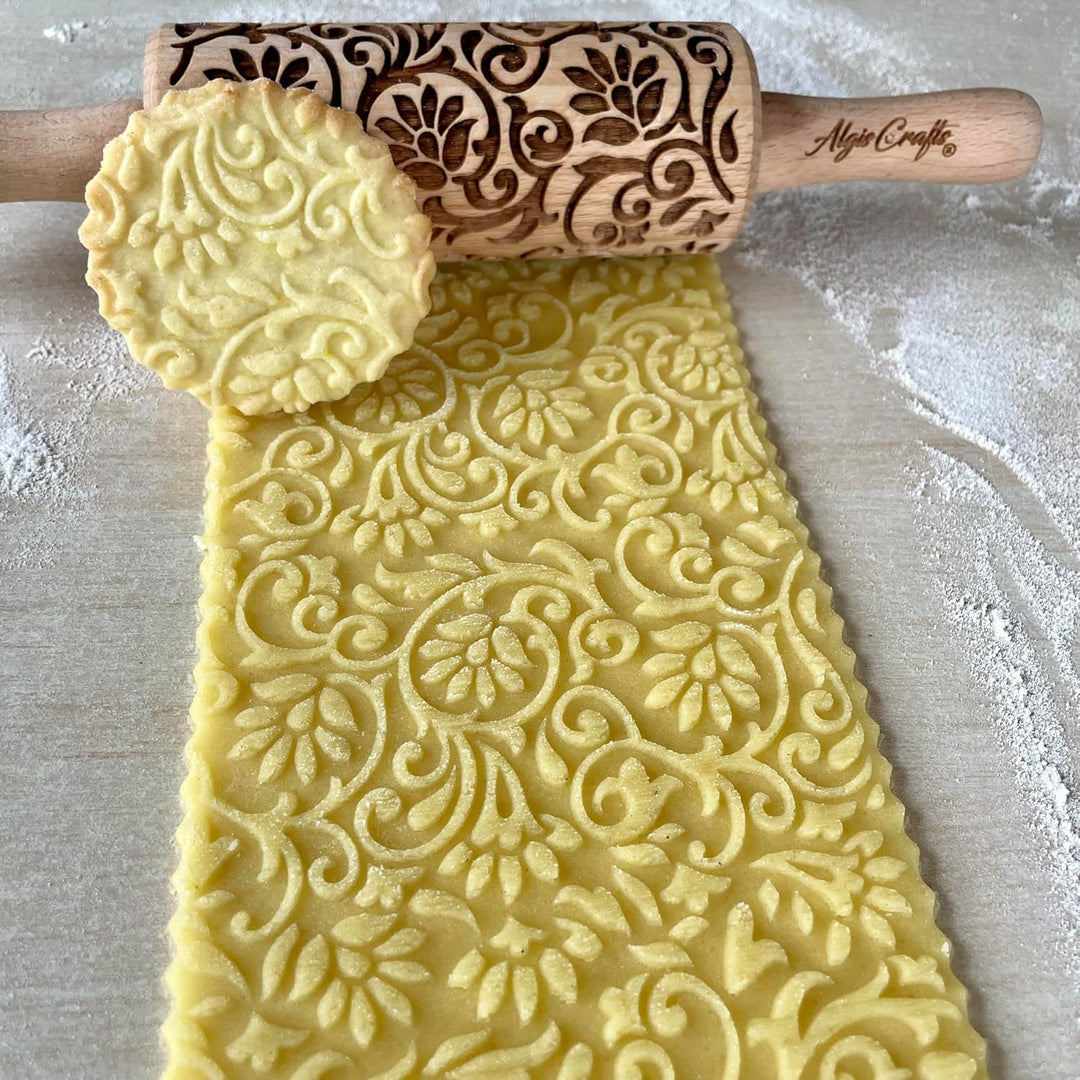FLORET 3-er SET Kinder Nudelhölzer. Teigrolle mit Lotus, Kaschmir, Paisley blühende, Rebe und Lilie