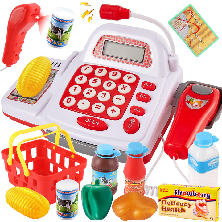 TOEY PLAY Kasse Kaufladen Kinder, Kinderkasse mit Scanner und Sound Mikrofon, Kasse Spielzeug, Kaufl