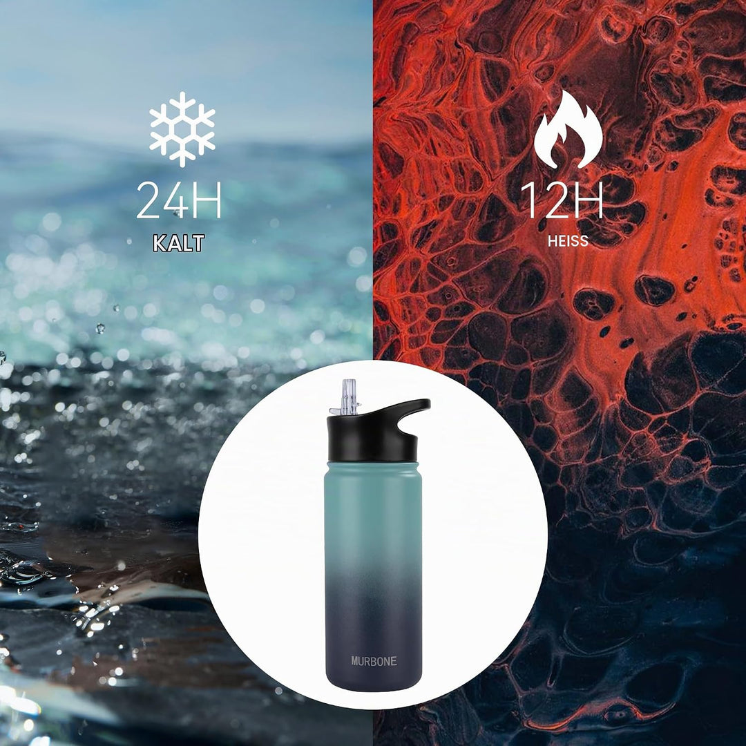Edelstahl Trinkflasche 500ml (+2 Deckel)-mit Strohhalm,BPA frei,Thermosflasche Auslaufsicher,Kohlens