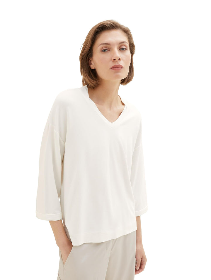 TOM TAILOR Damen Basic T-Shirt mit 3/4-Arm & V-Ausschnitt XL 10315-whisper White, XL 10315-whisper W