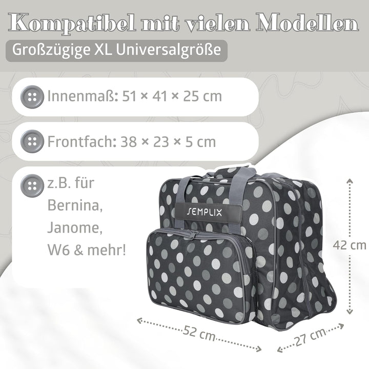 SEMPLIX XL-Nähmaschinentasche, Polka Dots Anthrazit/Grau, 52x42x27 cm, Grosse stabile Transport und