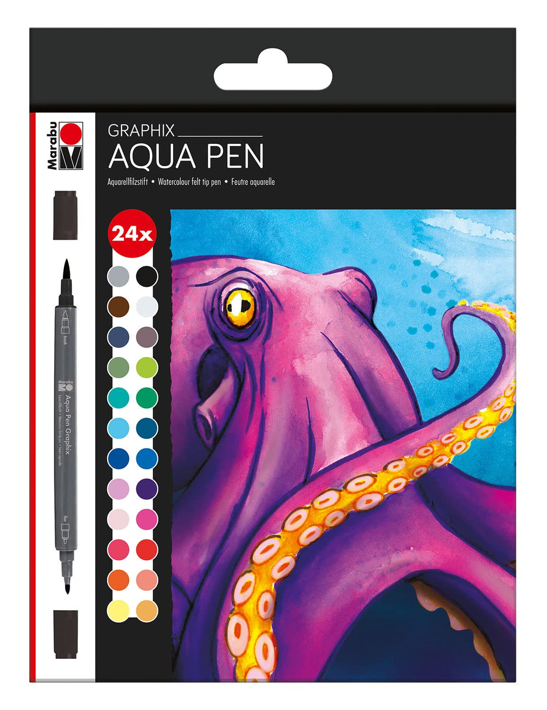 Marabu 0145000000106 - Aqua Pen Graphix, Octopy, 24 Aquarell-Filzstifte im Set mit brillanter Farbe,