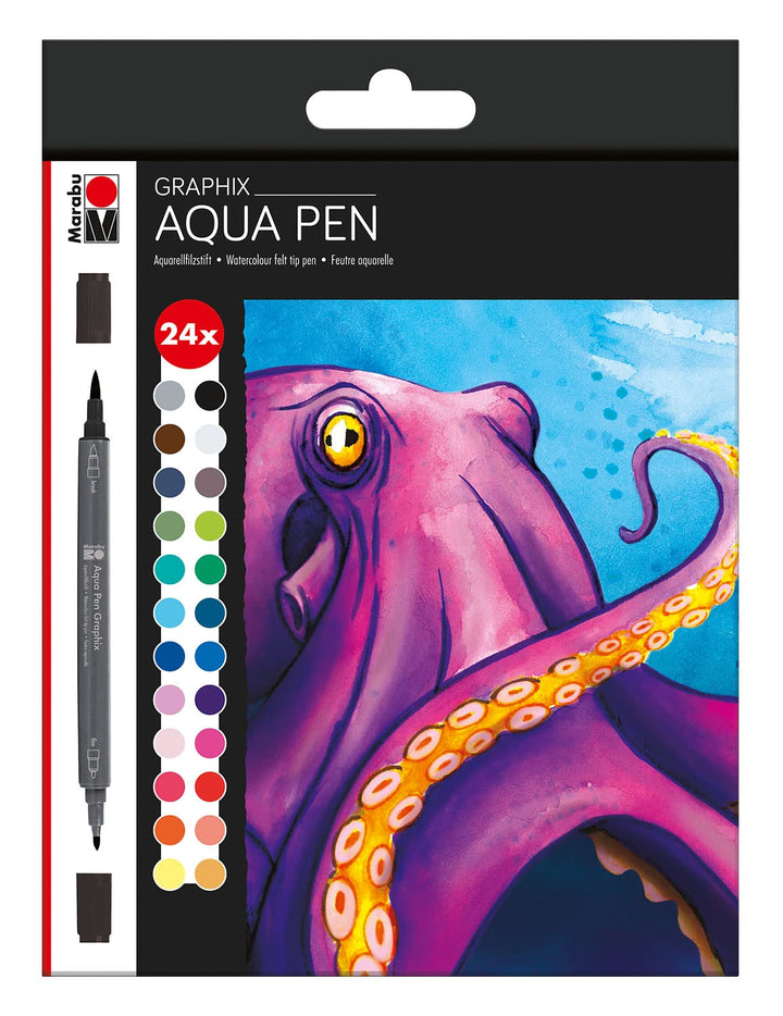 Marabu 0145000000106 - Aqua Pen Graphix, Octopy, 24 Aquarell-Filzstifte im Set mit brillanter Farbe,