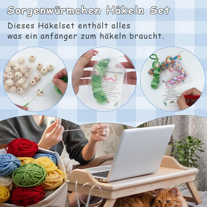 102 Stück Sorgenwürmchen Häkeln Set, 50 Holzkugeln mit Gesicht, Glückswürmchen, Ausgestattet mit Gar