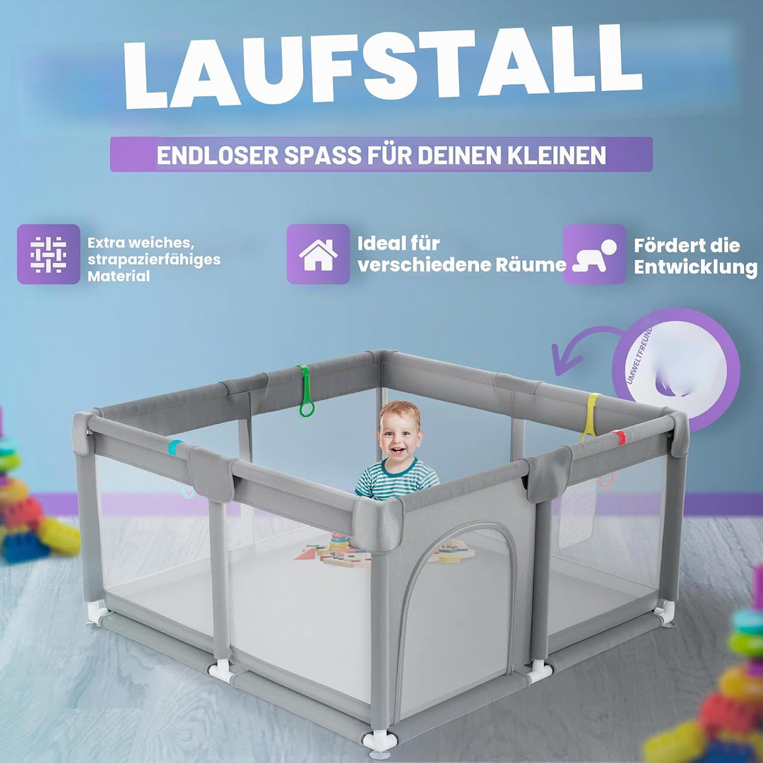 JUPPLIES Laufstall Baby 120×120 cm – Laufgitter mit seitlicher Tür &amp; atmungsaktivem Netz, rutschfest