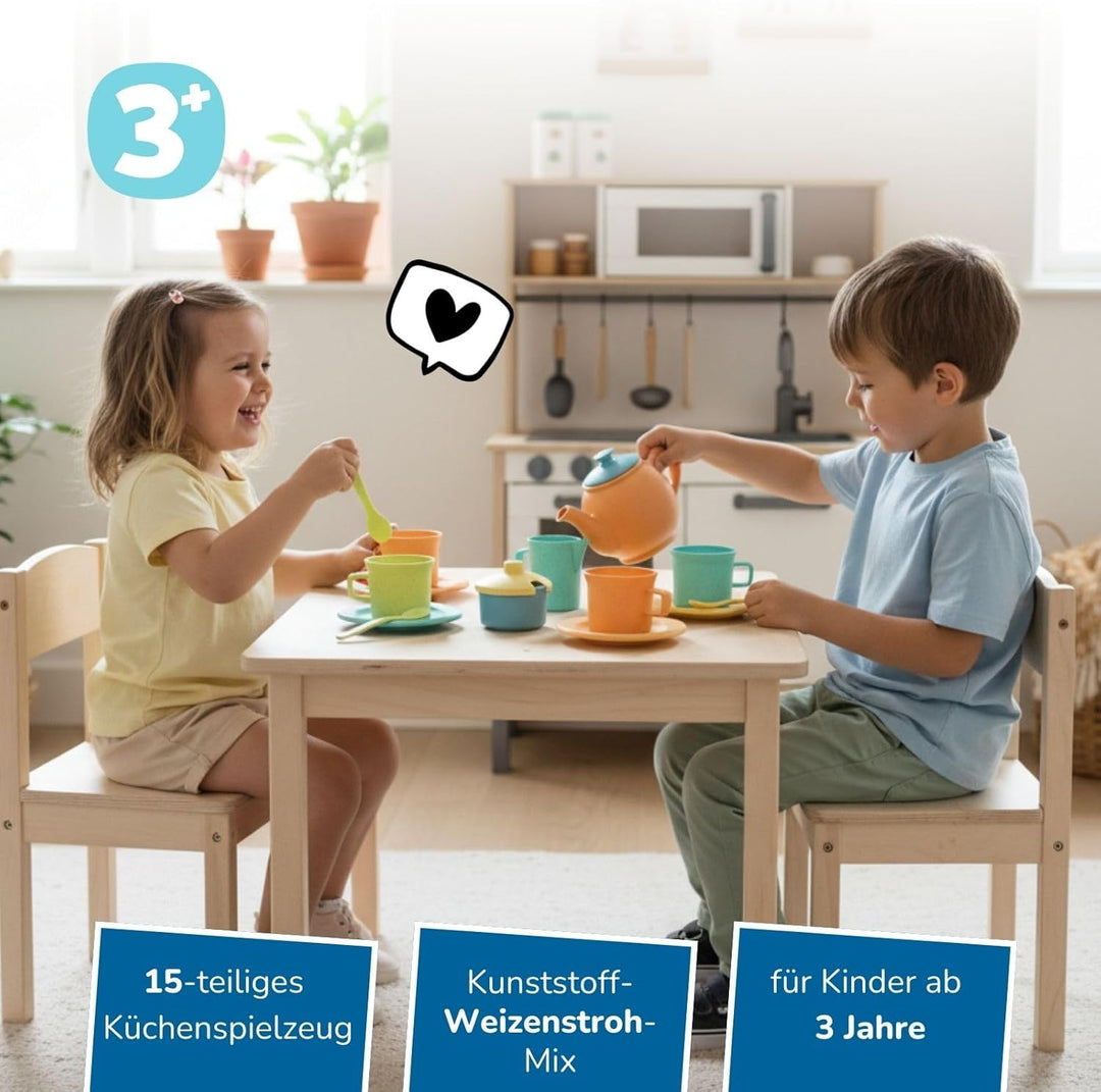 alldoro 60422 Teeservice Kinderküche, 15-TLG. Set aus nachhaltigem Kunststoff-Weizenstroh, Rollenspi