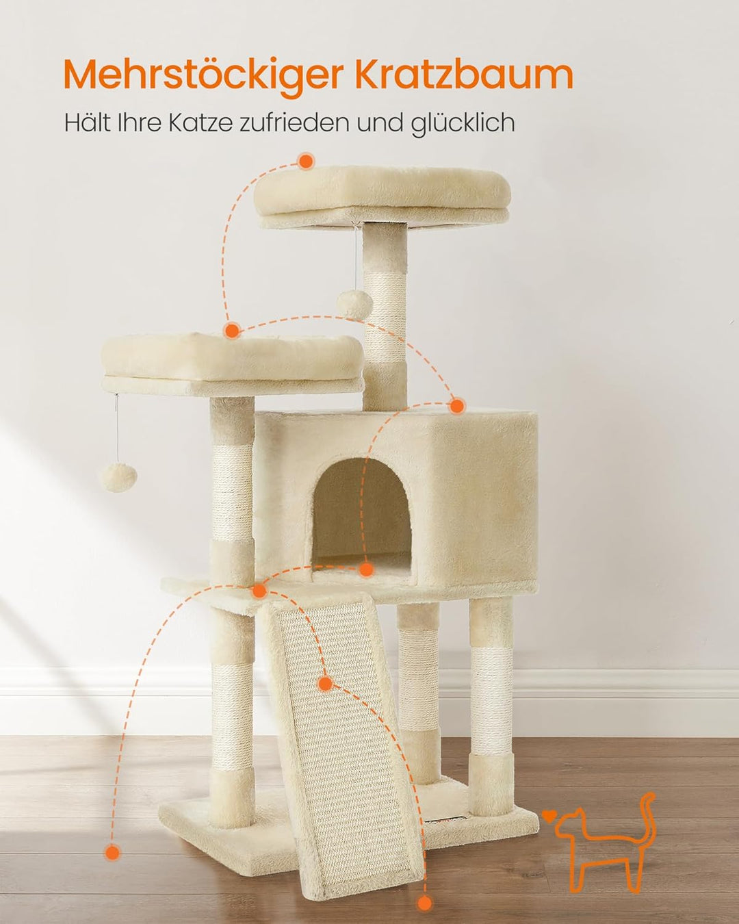 Feandrea Kratzbaum klein, Katzenbaum mit Kratzbrett, Plattformen, für Katze, weicher Plüsch, 115 cm,