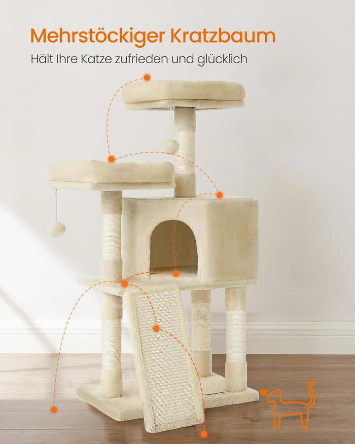 Feandrea Kratzbaum klein, Katzenbaum mit Kratzbrett, Plattformen, für Katze, weicher Plüsch, 115 cm,