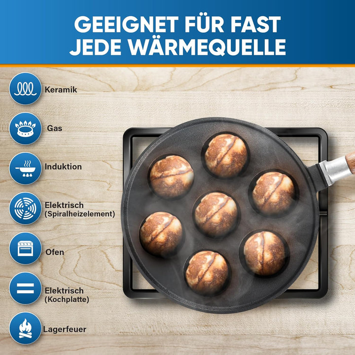 StarBlue 7-Loch-Aebleskiver-Pfanne aus Gusseisen, abnehmbarer Holzgriff, vorgebrannt, Aebleskiver-St